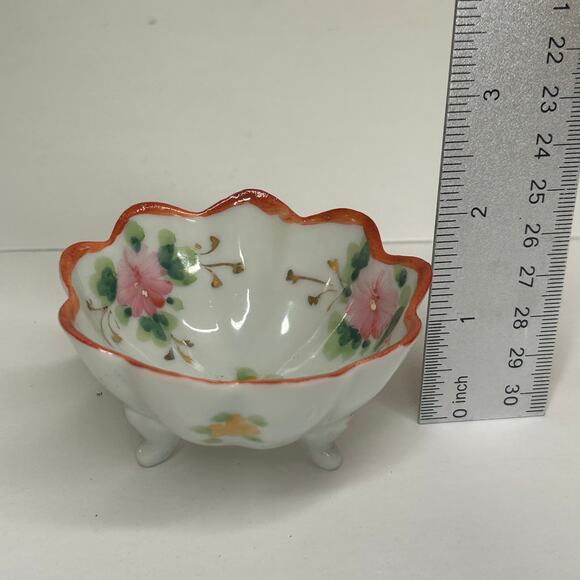 Vintage Porcelain Scalloped Edge Salt Cellar Trinket Dish Bowl White Floral Pink - Picture 5 of 7